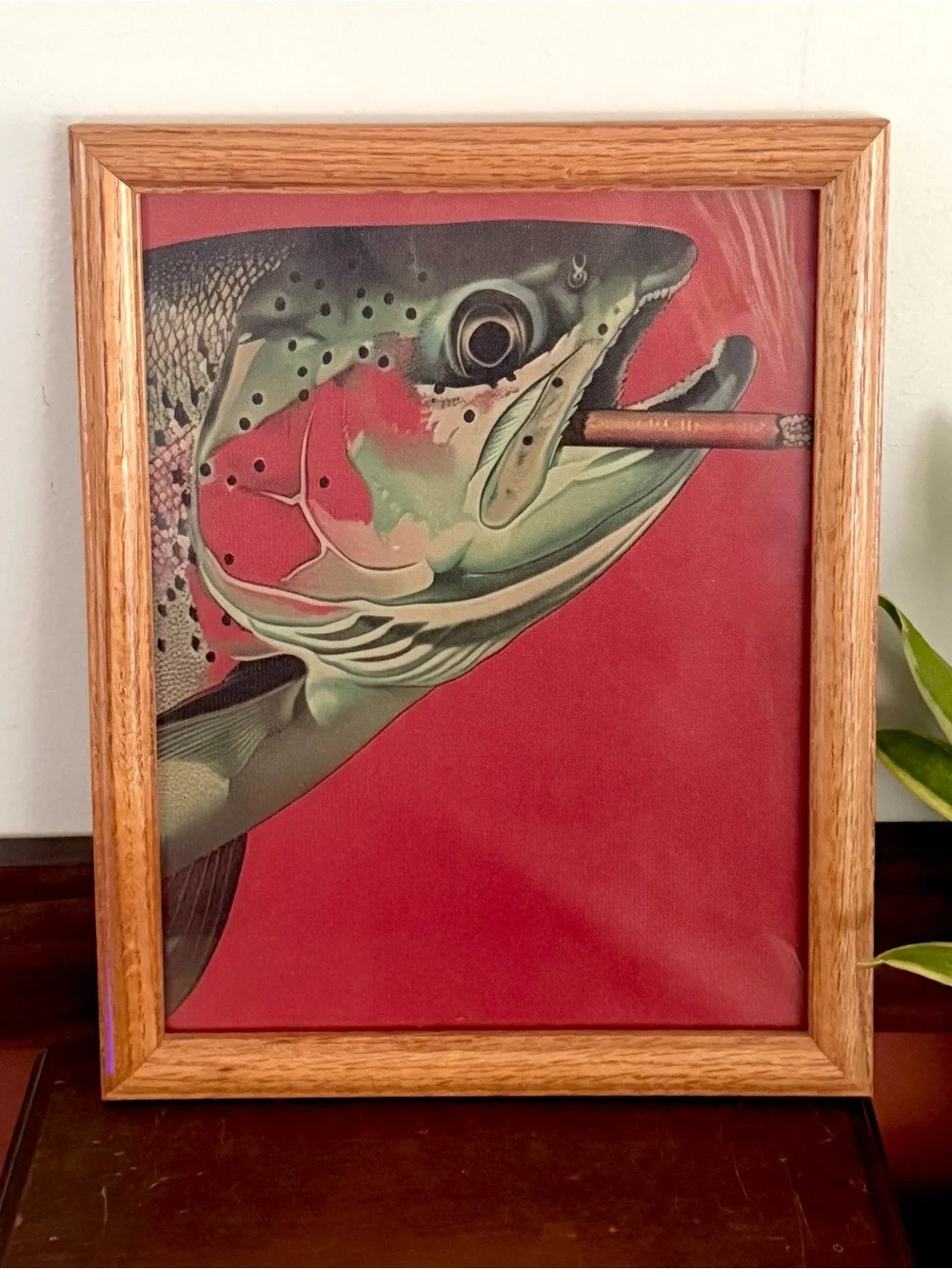 Trout Fish Smoking a Cigarette Vintage Style Canvas Wall Art Print Wood Framed